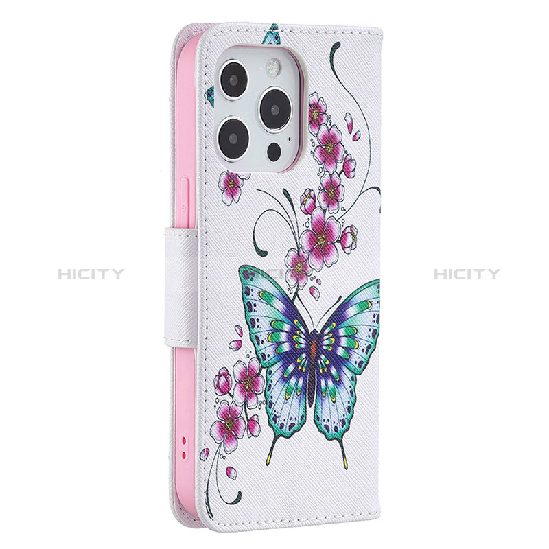 Handytasche Stand Schutzhülle Flip Leder Hülle Schmetterling L07 für Apple iPhone 14 Pro Max Rosa groß