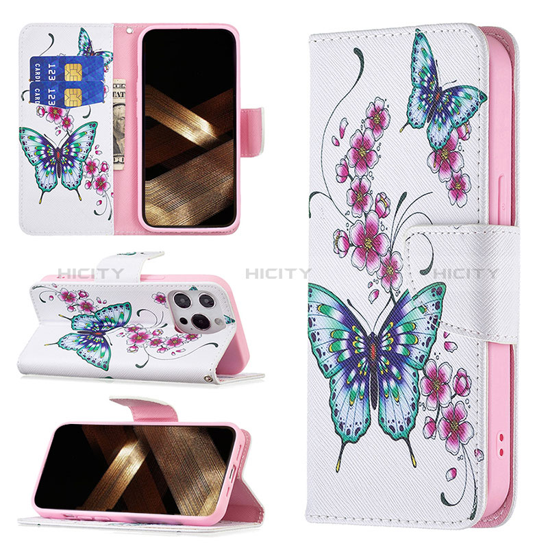 Handytasche Stand Schutzhülle Flip Leder Hülle Schmetterling L07 für Apple iPhone 14 Pro Rosa