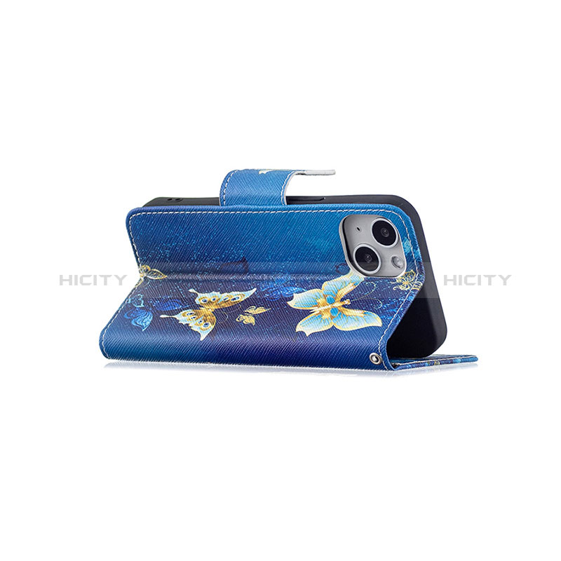 Handytasche Stand Schutzhülle Flip Leder Hülle Schmetterling L07 für Apple iPhone 15 Blau groß