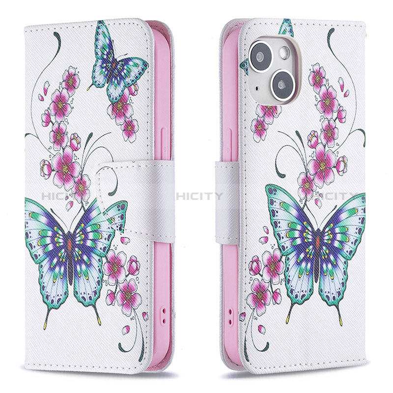 Handytasche Stand Schutzhülle Flip Leder Hülle Schmetterling L07 für Apple iPhone 15 Plus Weiß