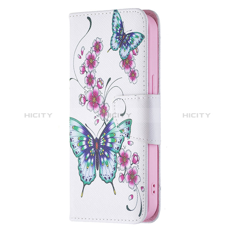 Handytasche Stand Schutzhülle Flip Leder Hülle Schmetterling L07 für Apple iPhone 15 Plus Weiß