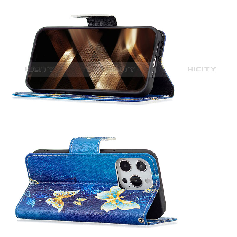 Handytasche Stand Schutzhülle Flip Leder Hülle Schmetterling L07 für Apple iPhone 15 Pro Blau