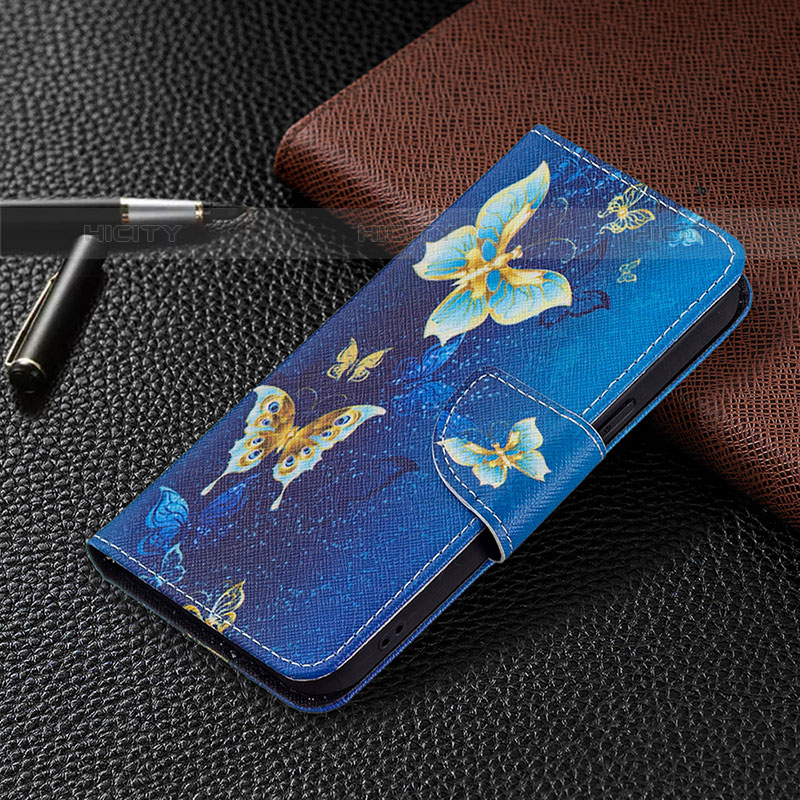 Handytasche Stand Schutzhülle Flip Leder Hülle Schmetterling L07 für Apple iPhone 15 Pro Blau