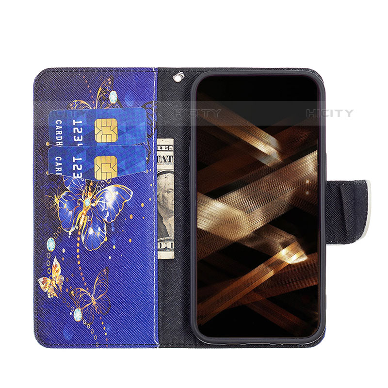 Handytasche Stand Schutzhülle Flip Leder Hülle Schmetterling L07 für Apple iPhone 15 Pro Königs Blau