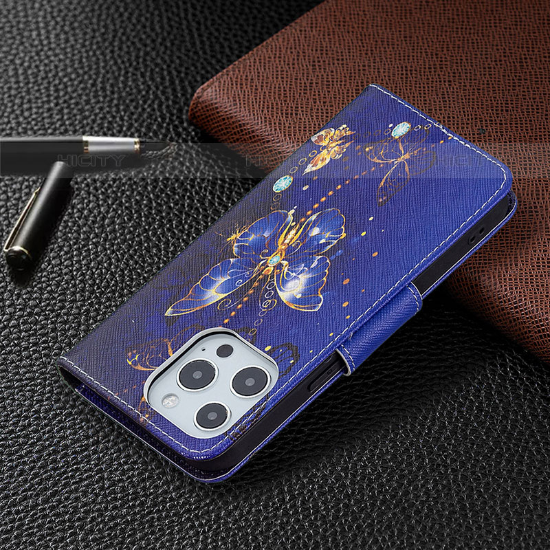 Handytasche Stand Schutzhülle Flip Leder Hülle Schmetterling L07 für Apple iPhone 15 Pro Königs Blau