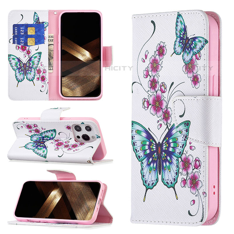 Handytasche Stand Schutzhülle Flip Leder Hülle Schmetterling L07 für Apple iPhone 15 Pro Max Rosa