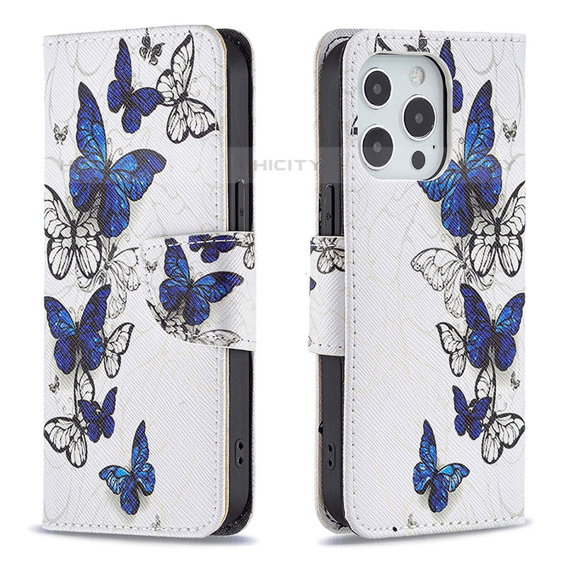 Handytasche Stand Schutzhülle Flip Leder Hülle Schmetterling L07 für Apple iPhone 15 Pro Max Weiß