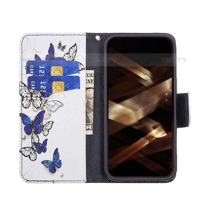 Handytasche Stand Schutzhülle Flip Leder Hülle Schmetterling L07 für Apple iPhone 15 Pro Max Weiß