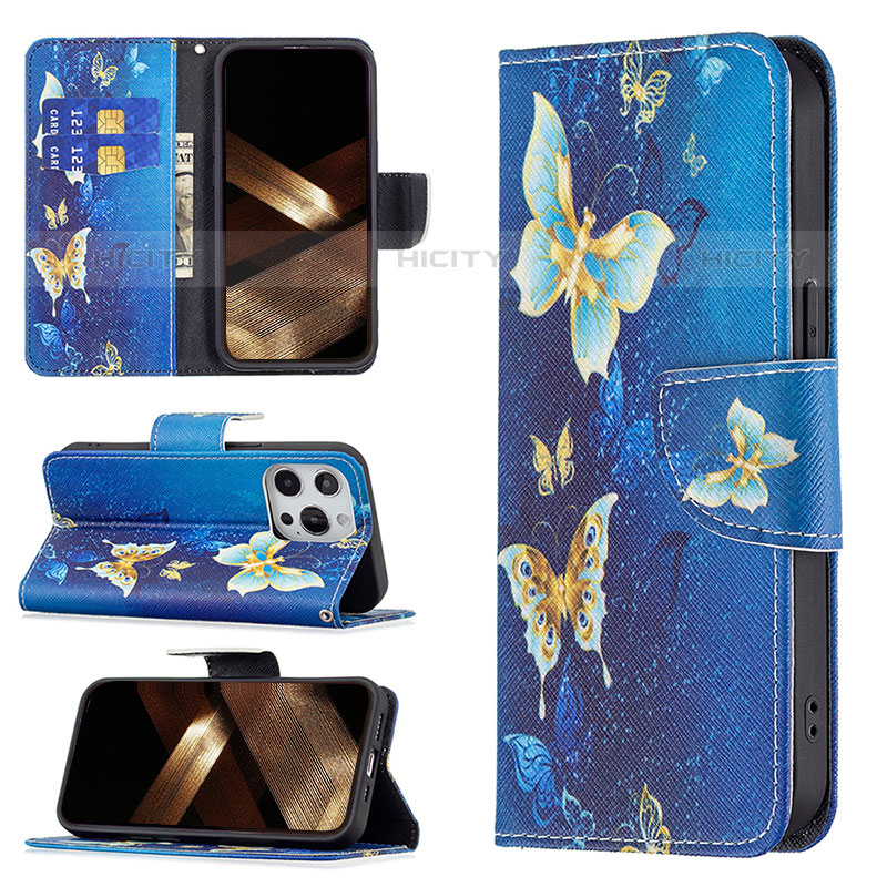 Handytasche Stand Schutzhülle Flip Leder Hülle Schmetterling L07 für Apple iPhone 16 Pro Max Blau Plus