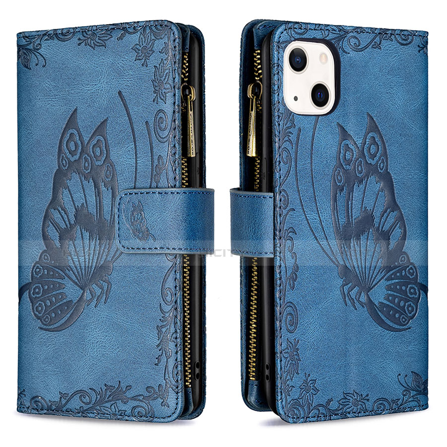 Handytasche Stand Schutzhülle Flip Leder Hülle Schmetterling L08 für Apple iPhone 13 Blau Plus