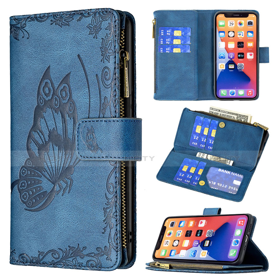 Handytasche Stand Schutzhülle Flip Leder Hülle Schmetterling L08 für Apple iPhone 13 Blau groß