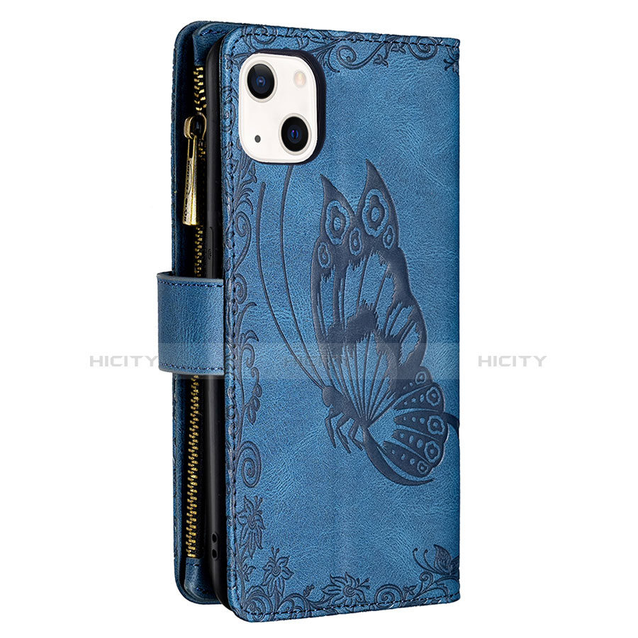 Handytasche Stand Schutzhülle Flip Leder Hülle Schmetterling L08 für Apple iPhone 13 Blau groß