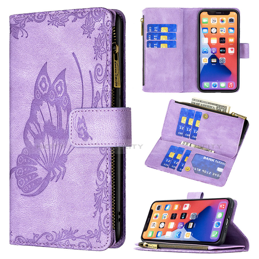 Handytasche Stand Schutzhülle Flip Leder Hülle Schmetterling L08 für Apple iPhone 13 Mini Violett