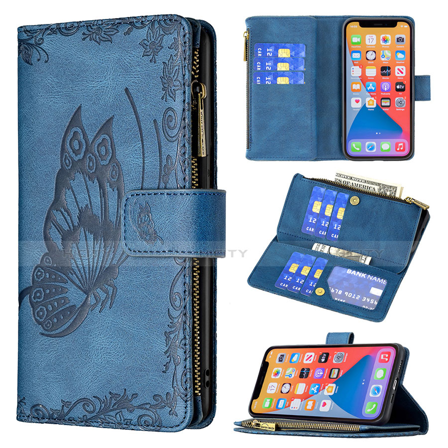 Handytasche Stand Schutzhülle Flip Leder Hülle Schmetterling L08 für Apple iPhone 13 Pro Blau