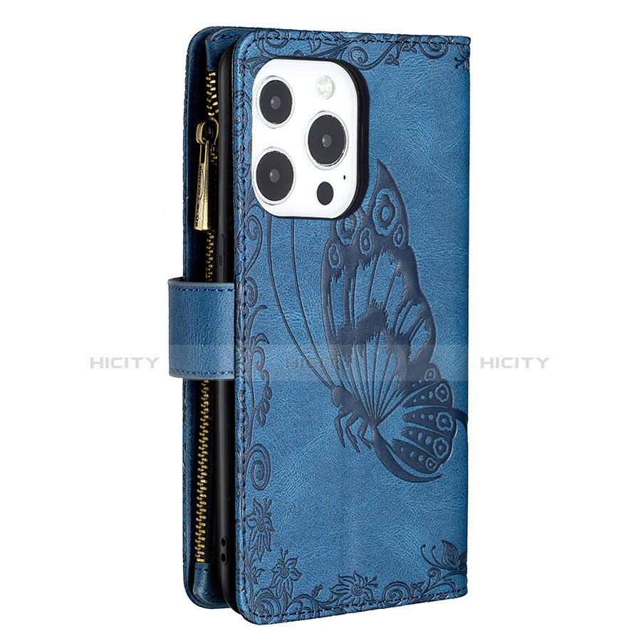 Handytasche Stand Schutzhülle Flip Leder Hülle Schmetterling L08 für Apple iPhone 13 Pro Blau