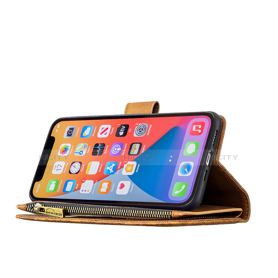 Handytasche Stand Schutzhülle Flip Leder Hülle Schmetterling L08 für Apple iPhone 13 Pro Braun groß