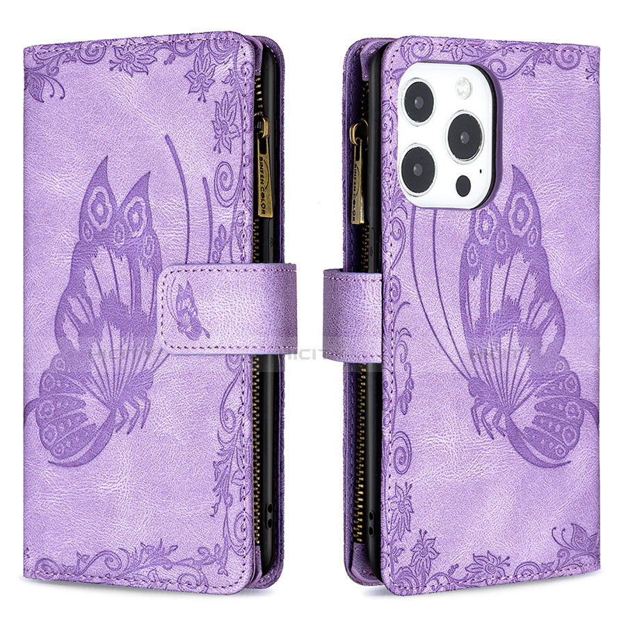 Handytasche Stand Schutzhülle Flip Leder Hülle Schmetterling L08 für Apple iPhone 13 Pro Max Violett Plus