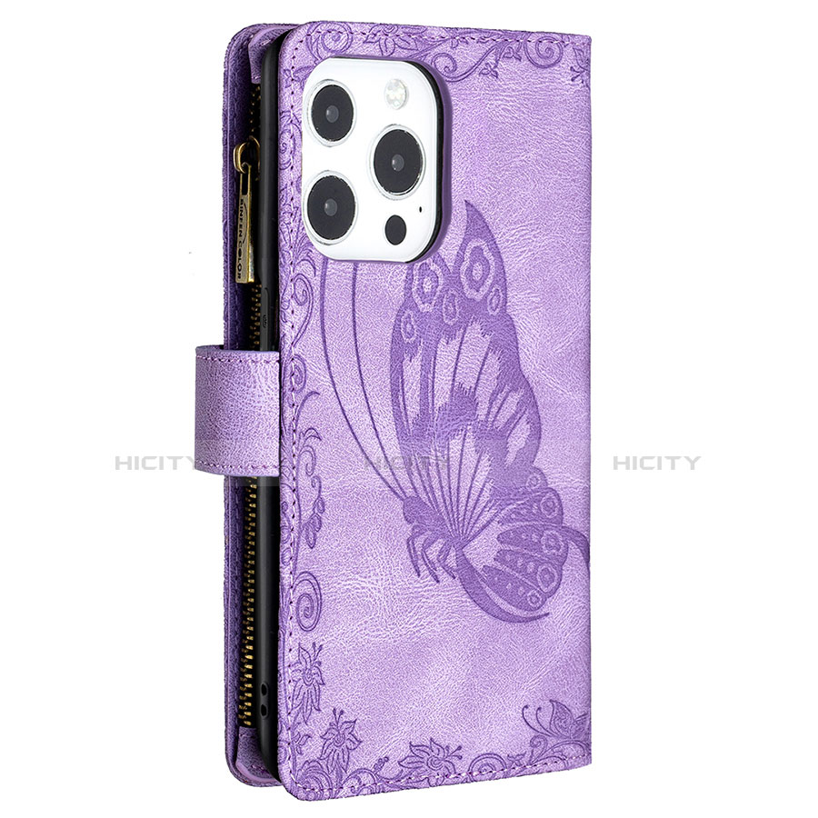 Handytasche Stand Schutzhülle Flip Leder Hülle Schmetterling L08 für Apple iPhone 13 Pro Max Violett groß