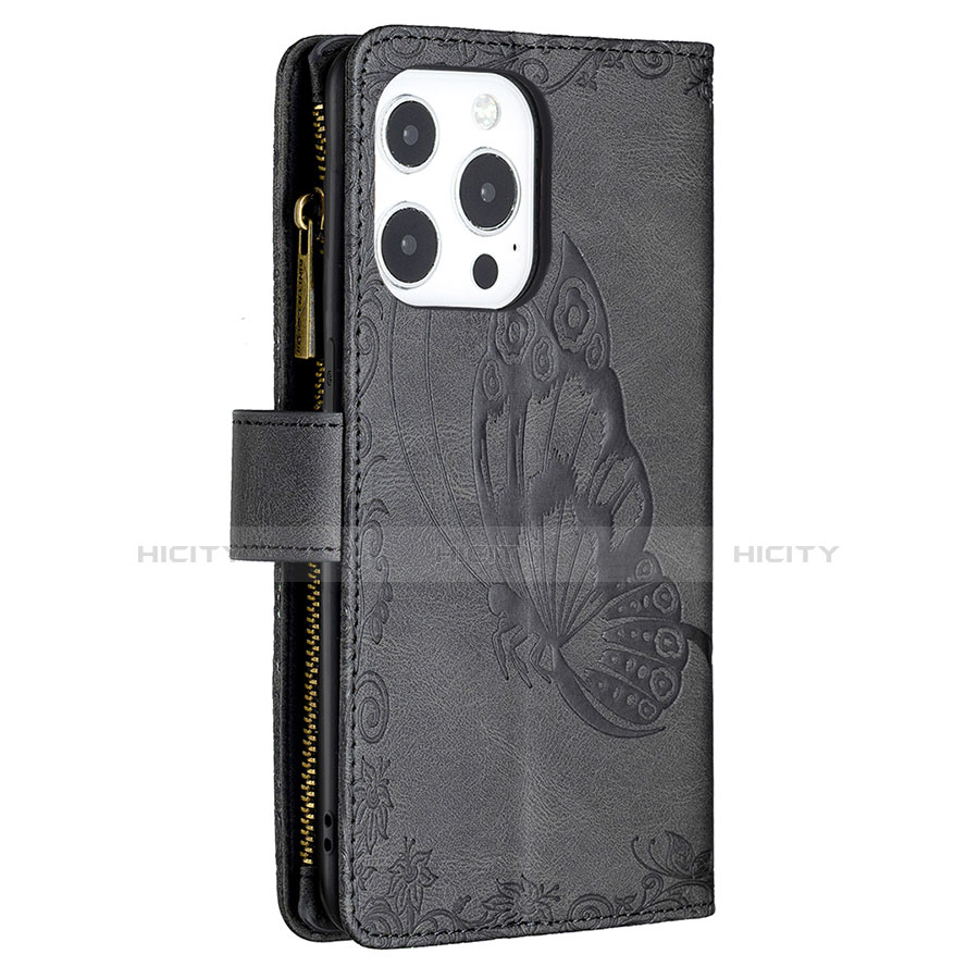 Handytasche Stand Schutzhülle Flip Leder Hülle Schmetterling L08 für Apple iPhone 13 Pro Schwarz