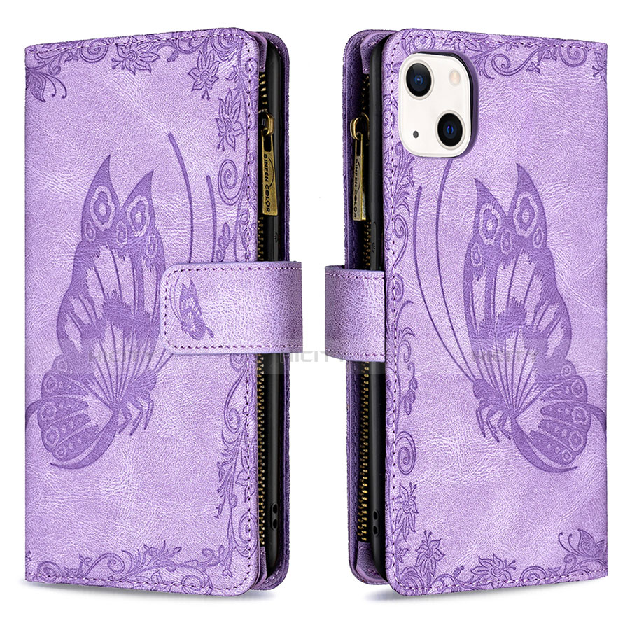 Handytasche Stand Schutzhülle Flip Leder Hülle Schmetterling L08 für Apple iPhone 13 Violett Plus