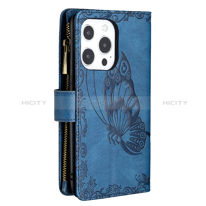 Handytasche Stand Schutzhülle Flip Leder Hülle Schmetterling L08 für Apple iPhone 14 Pro Blau