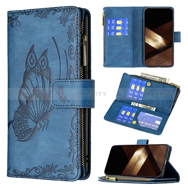 Handytasche Stand Schutzhülle Flip Leder Hülle Schmetterling L08 für Apple iPhone 14 Pro Max Blau groß