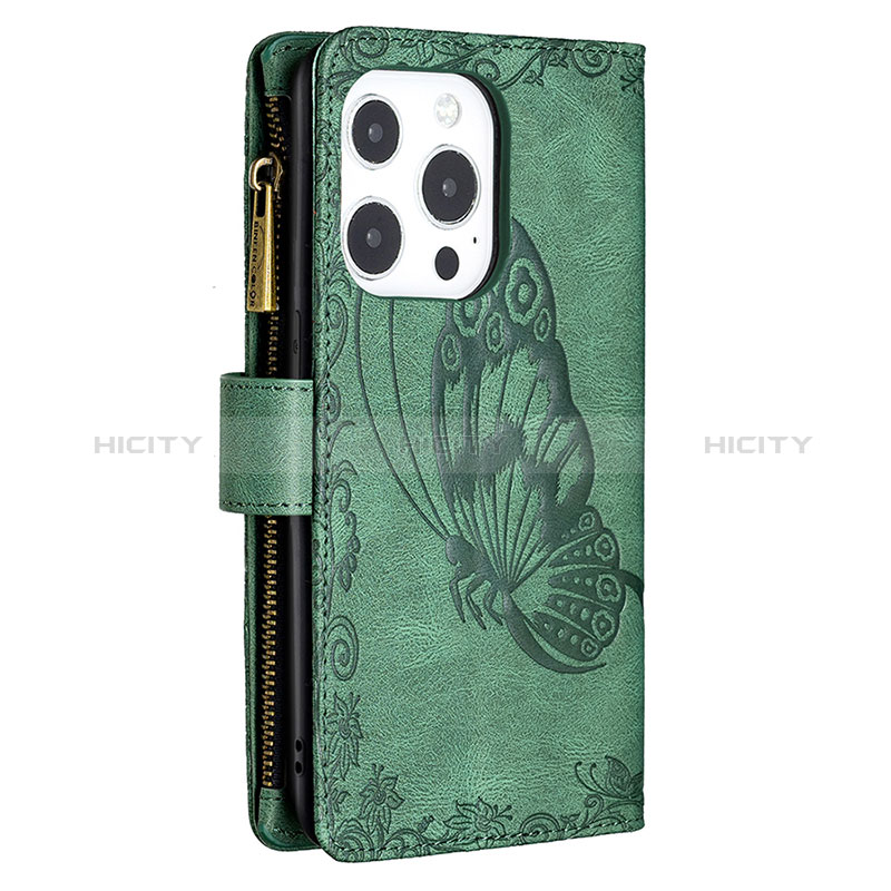 Handytasche Stand Schutzhülle Flip Leder Hülle Schmetterling L08 für Apple iPhone 14 Pro Max Grün groß