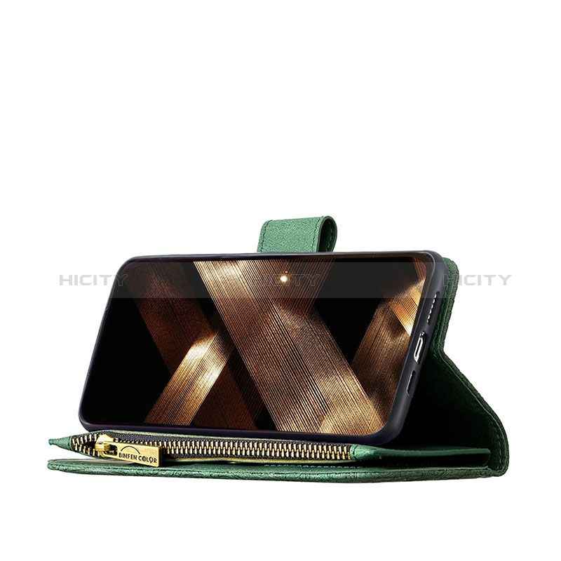 Handytasche Stand Schutzhülle Flip Leder Hülle Schmetterling L08 für Apple iPhone 14 Pro Max Grün groß