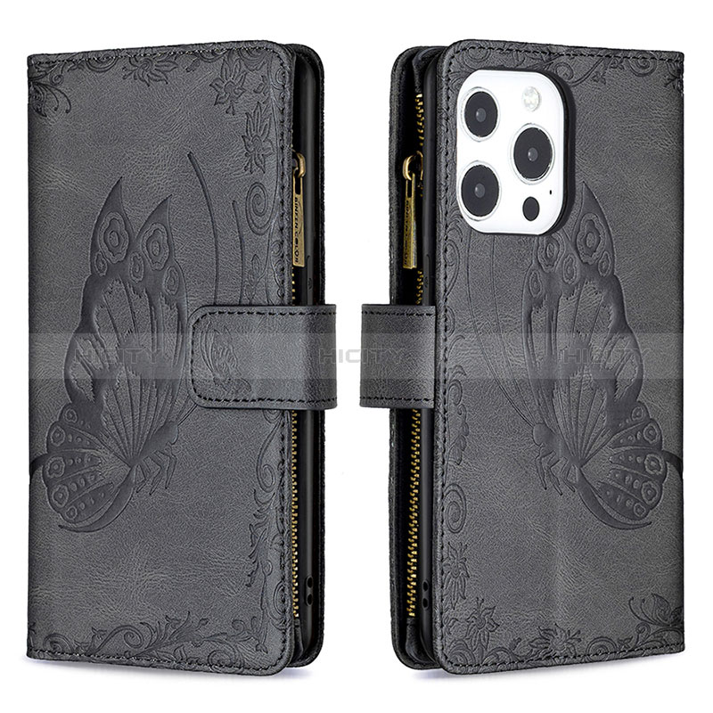 Handytasche Stand Schutzhülle Flip Leder Hülle Schmetterling L08 für Apple iPhone 14 Pro Max Schwarz Plus