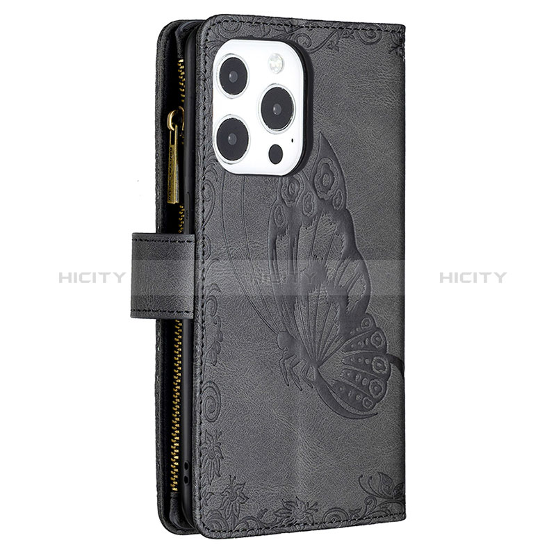 Handytasche Stand Schutzhülle Flip Leder Hülle Schmetterling L08 für Apple iPhone 14 Pro Max Schwarz groß