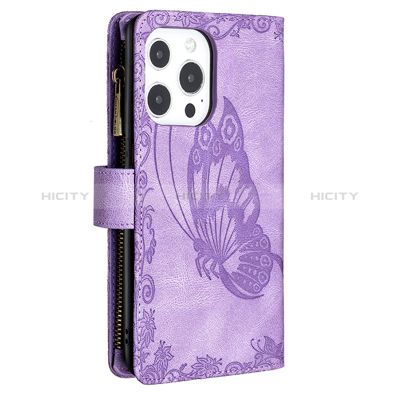 Handytasche Stand Schutzhülle Flip Leder Hülle Schmetterling L08 für Apple iPhone 14 Pro Max Violett