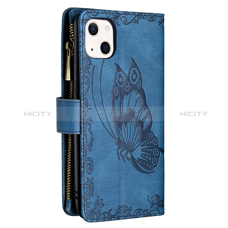 Handytasche Stand Schutzhülle Flip Leder Hülle Schmetterling L08 für Apple iPhone 15 Blau