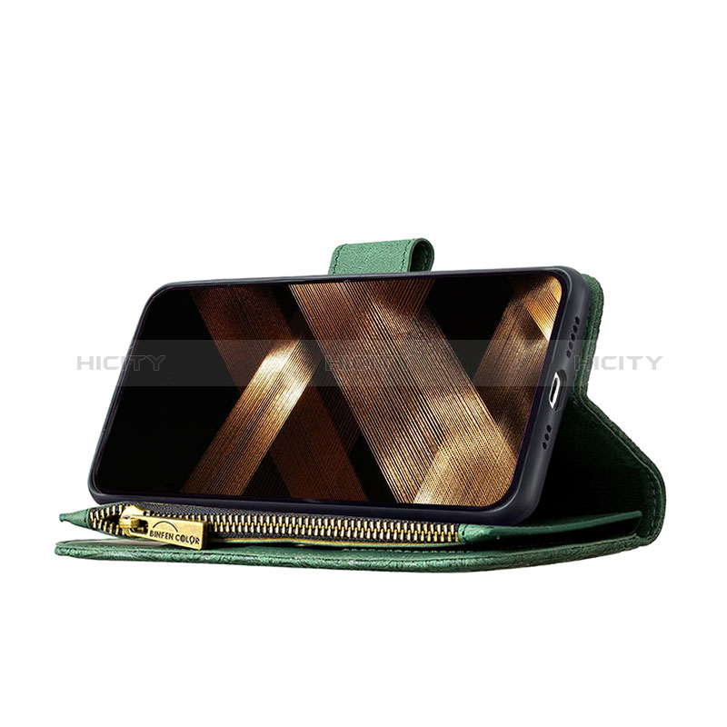 Handytasche Stand Schutzhülle Flip Leder Hülle Schmetterling L08 für Apple iPhone 15 Grün