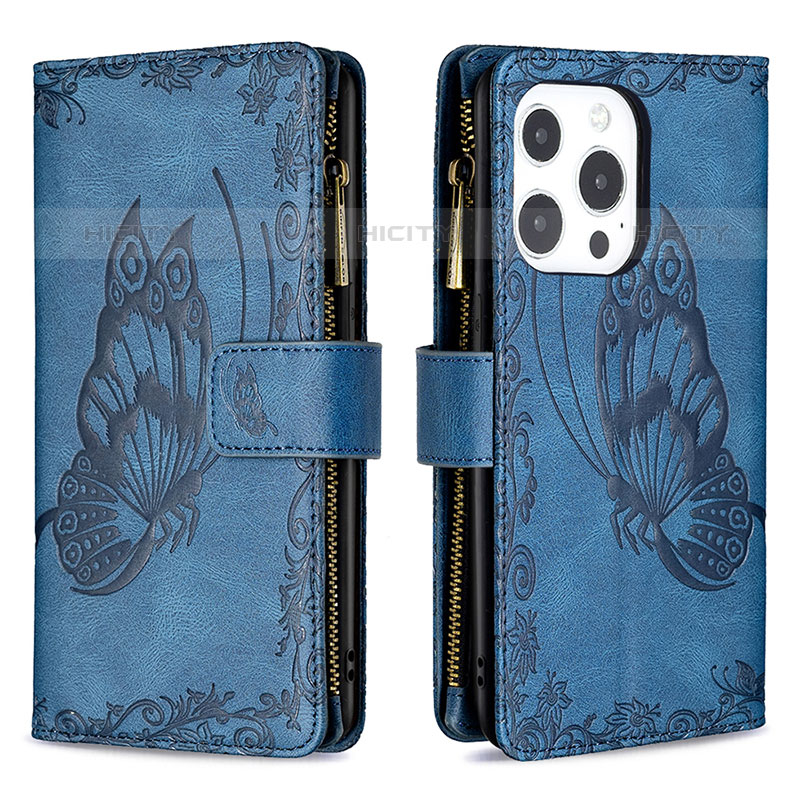 Handytasche Stand Schutzhülle Flip Leder Hülle Schmetterling L08 für Apple iPhone 15 Pro Blau