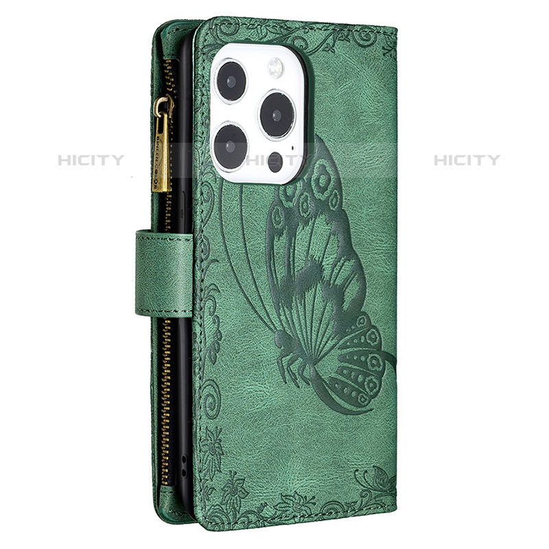 Handytasche Stand Schutzhülle Flip Leder Hülle Schmetterling L08 für Apple iPhone 15 Pro Grün