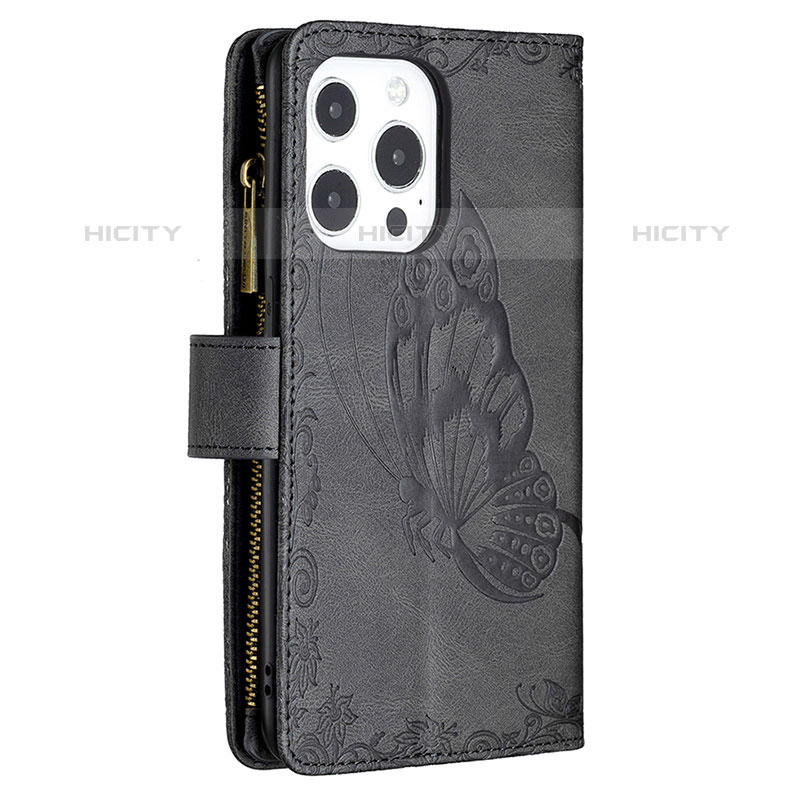 Handytasche Stand Schutzhülle Flip Leder Hülle Schmetterling L08 für Apple iPhone 15 Pro Schwarz