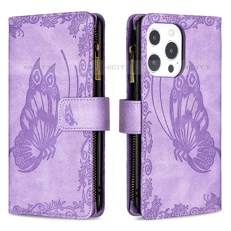 Handytasche Stand Schutzhülle Flip Leder Hülle Schmetterling L08 für Apple iPhone 15 Pro Violett