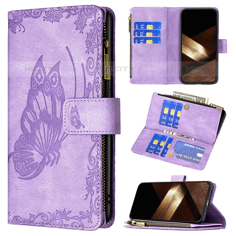 Handytasche Stand Schutzhülle Flip Leder Hülle Schmetterling L08 für Apple iPhone 15 Pro Violett