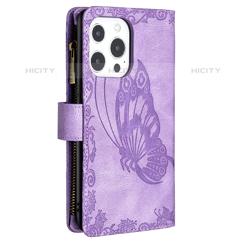 Handytasche Stand Schutzhülle Flip Leder Hülle Schmetterling L08 für Apple iPhone 15 Pro Violett