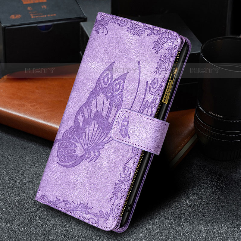 Handytasche Stand Schutzhülle Flip Leder Hülle Schmetterling L08 für Apple iPhone 15 Pro Violett