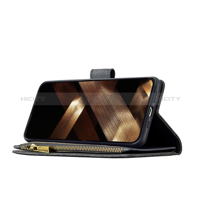 Handytasche Stand Schutzhülle Flip Leder Hülle Schmetterling L08 für Apple iPhone 15 Schwarz groß