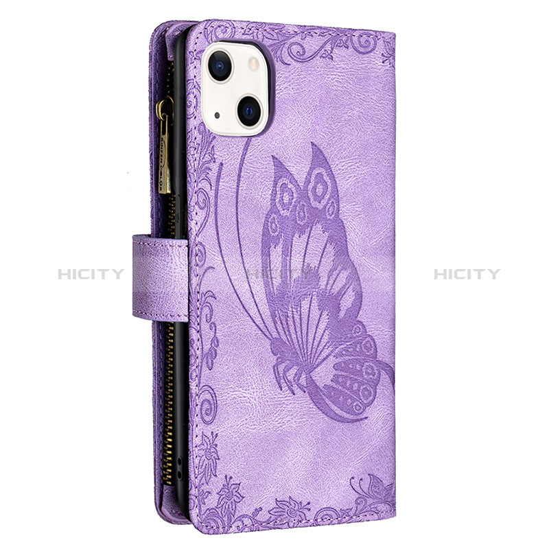 Handytasche Stand Schutzhülle Flip Leder Hülle Schmetterling L08 für Apple iPhone 15 Violett groß