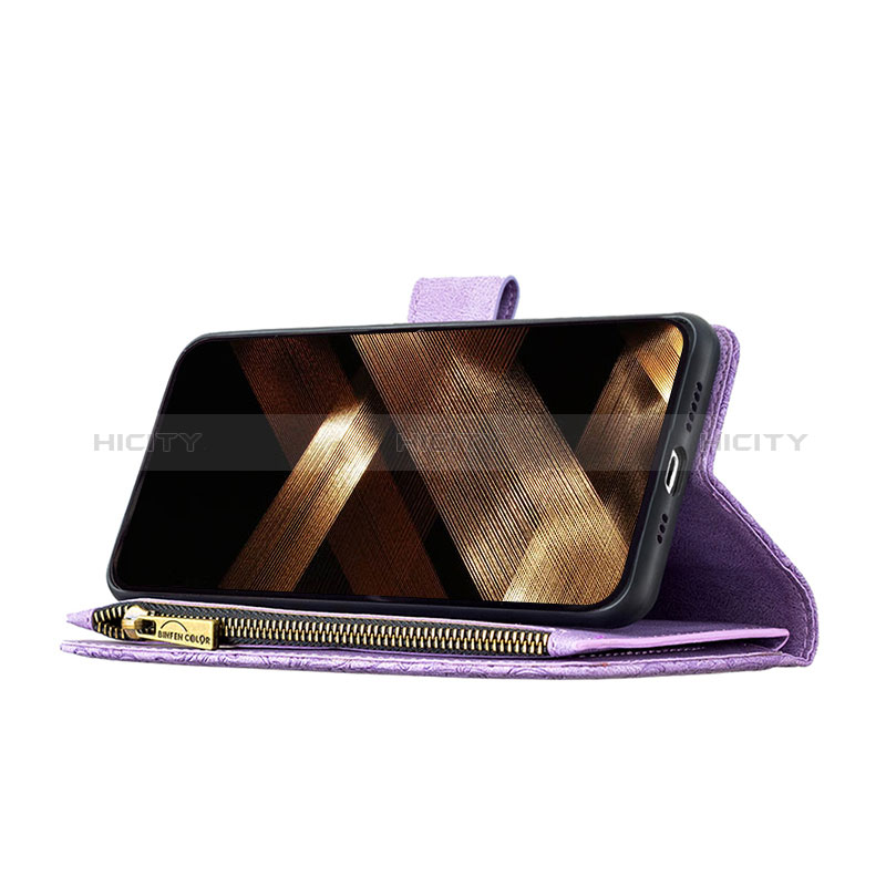 Handytasche Stand Schutzhülle Flip Leder Hülle Schmetterling L08 für Apple iPhone 15 Violett groß