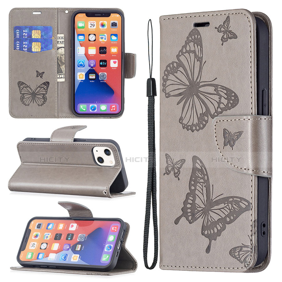 Handytasche Stand Schutzhülle Flip Leder Hülle Schmetterling L09 für Apple iPhone 13 Grau