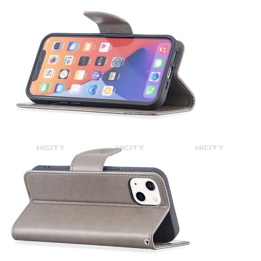 Handytasche Stand Schutzhülle Flip Leder Hülle Schmetterling L09 für Apple iPhone 13 Grau