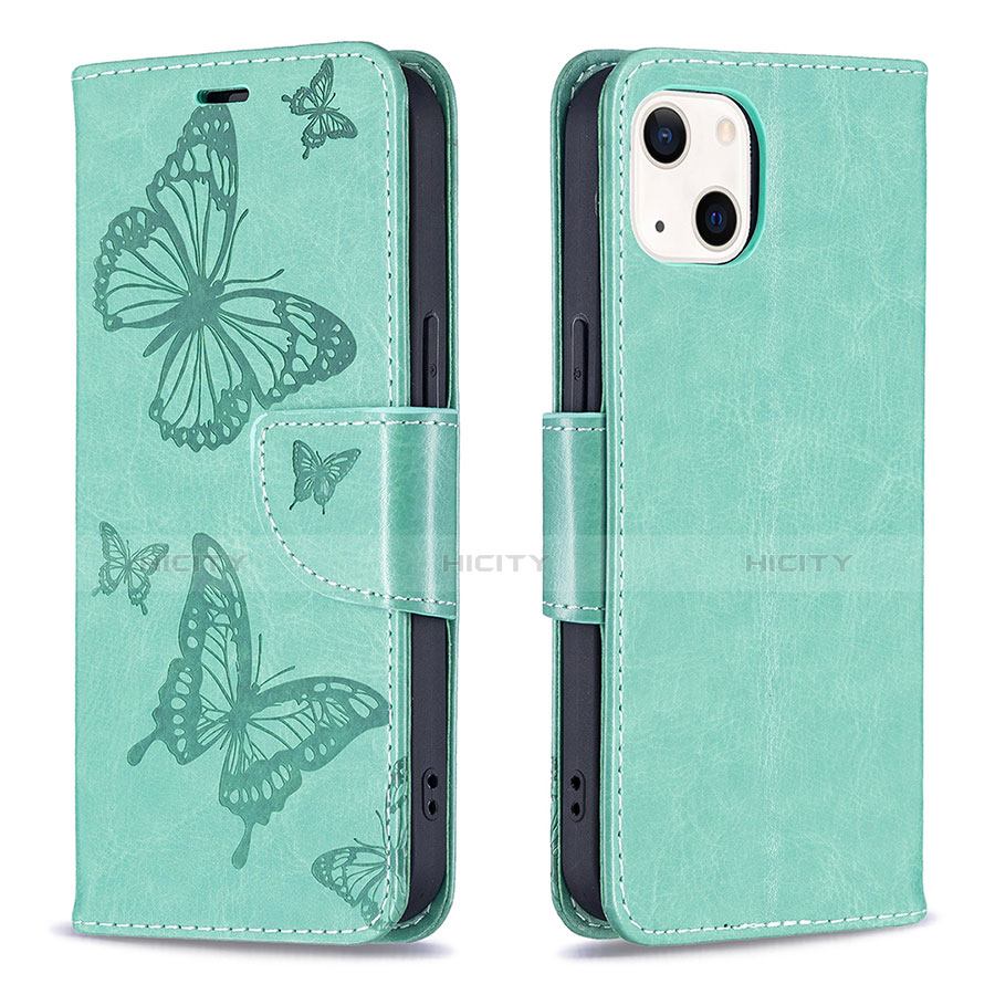 Handytasche Stand Schutzhülle Flip Leder Hülle Schmetterling L09 für Apple iPhone 13 Grün