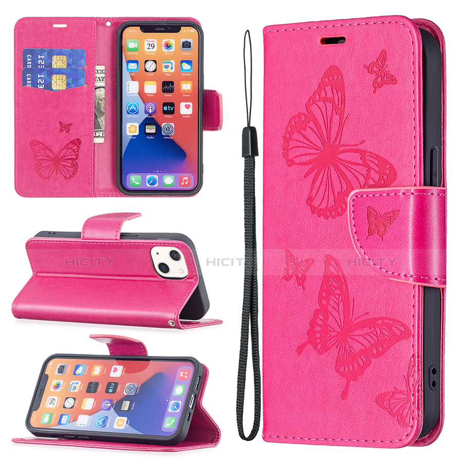 Handytasche Stand Schutzhülle Flip Leder Hülle Schmetterling L09 für Apple iPhone 13 Mini Pink