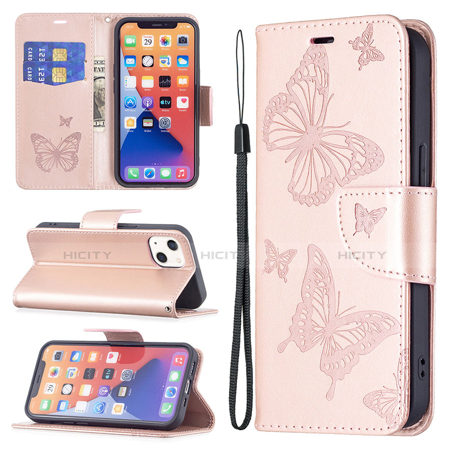 Handytasche Stand Schutzhülle Flip Leder Hülle Schmetterling L09 für Apple iPhone 13 Mini Rosa groß