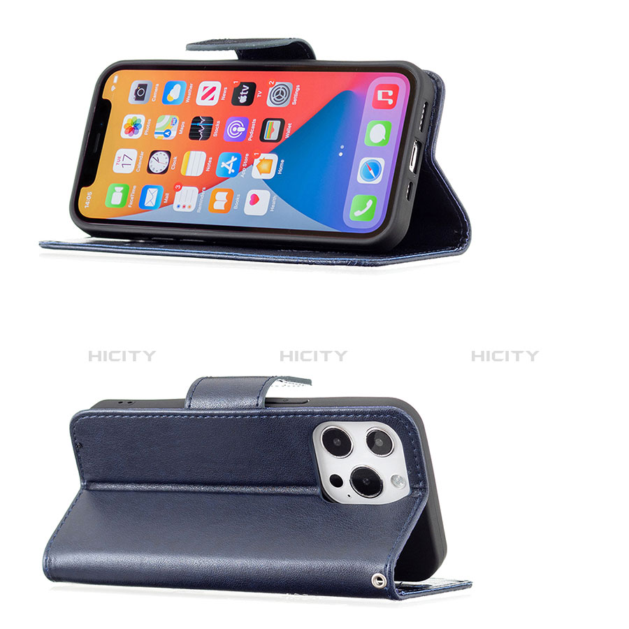 Handytasche Stand Schutzhülle Flip Leder Hülle Schmetterling L09 für Apple iPhone 13 Pro Blau groß