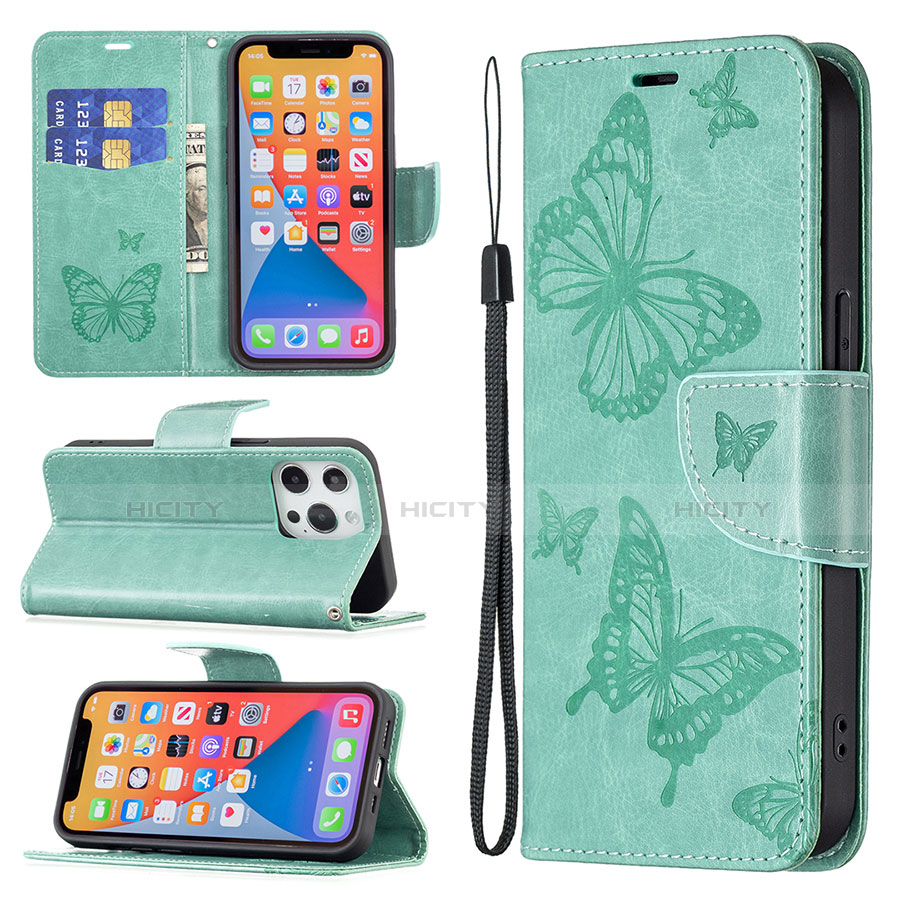 Handytasche Stand Schutzhülle Flip Leder Hülle Schmetterling L09 für Apple iPhone 13 Pro Grün